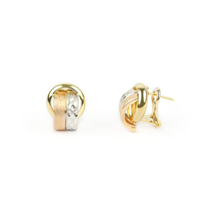 Orecchini clips oro, orecchini a clips con perno in oro tit 750 (18 kt), oro giallo lucido, oro rosa satinato e oro bianco lavorazione diamantata