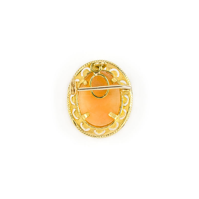 Spilla cammeo oro filigrana, spilla donna in oro giallo tit 750 (18 kt) con cammeo ovale di conchiglia incisa, si può indossare anche come ciondolo