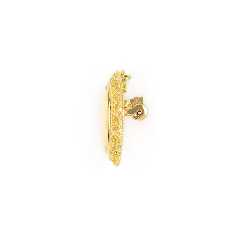 Spilla cammeo oro filigrana, spilla donna in oro giallo tit 750 (18 kt) con cammeo ovale di conchiglia incisa, si può indossare anche come ciondolo