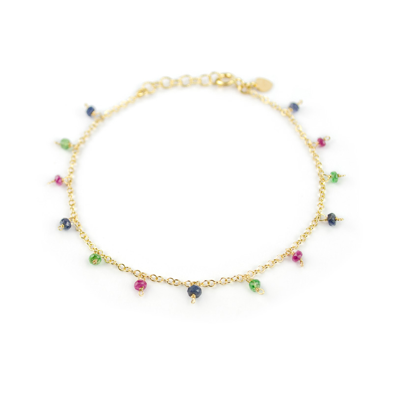 Bracciale pietre colorate pendenti, braccialetto donna in oro giallo 750 con pietre colorate pendenti: rubino, tsavorite e radice di zaffiro