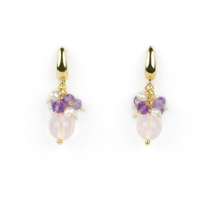Orecchini quarzo rosa ametista, orecchini monachella pendenti in oro giallo tit 750 (18 kt) con quarzo rosa, ametista e perle coltivate acqua dolce