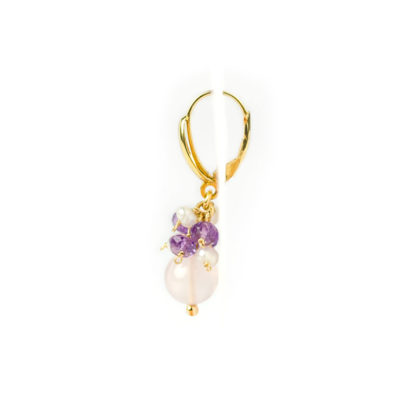 Orecchini quarzo rosa ametista, orecchini monachella pendenti in oro giallo tit 750 (18 kt) con quarzo rosa, ametista e perle coltivate acqua dolce