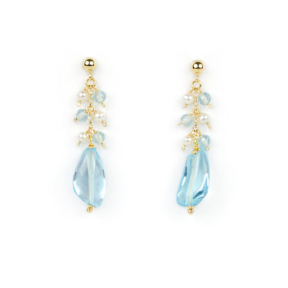 Orecchini topazio azzurro perle, orecchini pendenti in oro giallo tit 750, topazio azzurro, perle coltivate acqua dolce, topazio azzurro sfaccettato
