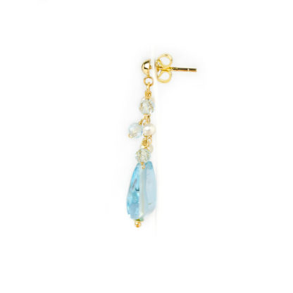 Orecchini topazio azzurro perle, orecchini pendenti in oro giallo tit 750, topazio azzurro, perle coltivate acqua dolce, topazio azzurro sfaccettato