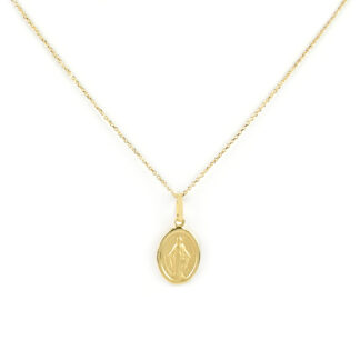 Collana madonna miracolosa oro, girocollo donna in oro giallo tit 750 (18 kt), con ciondolo madonna miracolosa vuota; dimensione ciondolo 1 x 1,5 cm