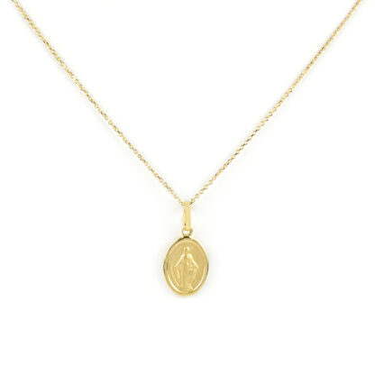 Collana madonna miracolosa oro, girocollo donna in oro giallo tit 750 (18 kt), con ciondolo madonna miracolosa vuota; dimensione ciondolo 1 x 1,5 cm