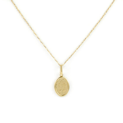 Collana madonna miracolosa oro, girocollo donna in oro giallo tit 750 (18 kt), con ciondolo madonna miracolosa vuota; dimensione ciondolo 1 x 1,5 cm