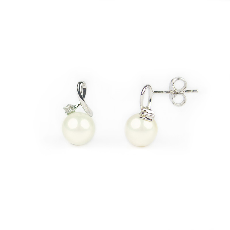 Orecchini perle zircone oro, orecchini in oro bianco tit 750 (18 kt) con perle coltivate acqua dolce 7,5 - 8 mm su montatura con zircone