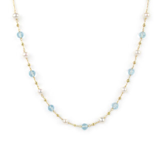 Collana centrale topazio azzurro, girocollo donna in oro giallo tit 750 (18 kt) centrale di topazio azzurro tondo sfaccettato, perle e palline