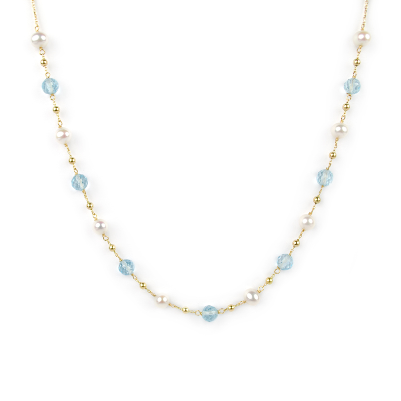 Collana centrale topazio azzurro, girocollo donna in oro giallo tit 750 (18 kt) centrale di topazio azzurro tondo sfaccettato, perle e palline