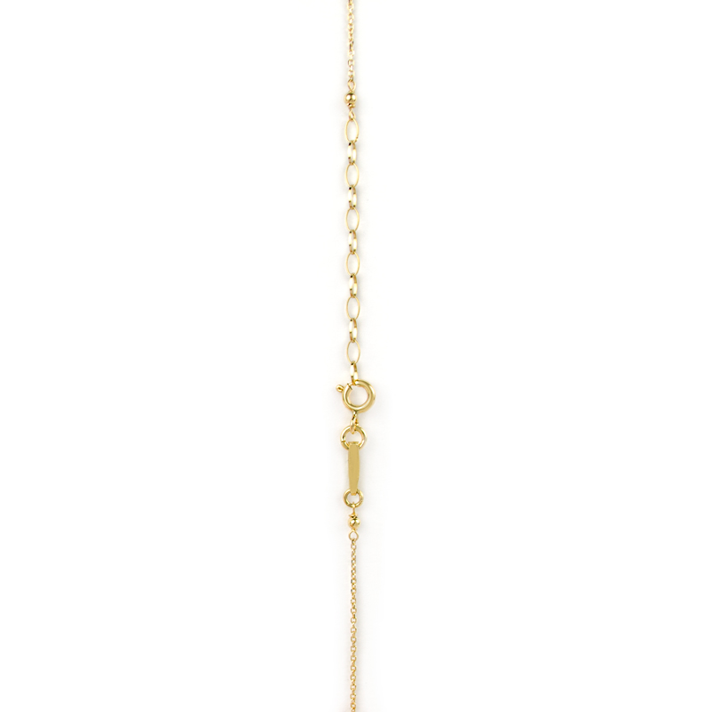 Collana centrale topazio azzurro, girocollo donna in oro giallo tit 750 (18 kt) centrale di topazio azzurro tondo sfaccettato, perle e palline