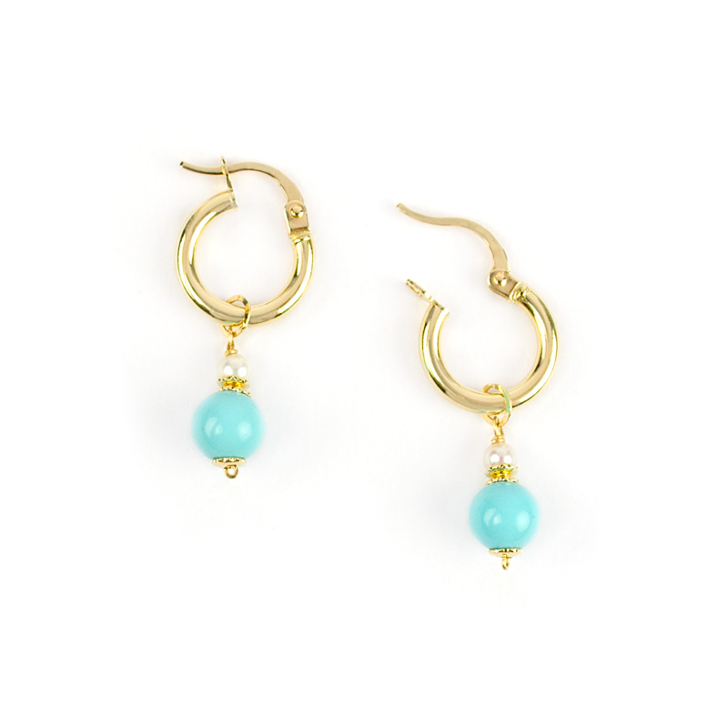 Orecchini cerchio turchese perle, orecchini cerchio oro giallo tit 750 (18 kt) con ciondolo rimovibile di turchese ricostruito e perle