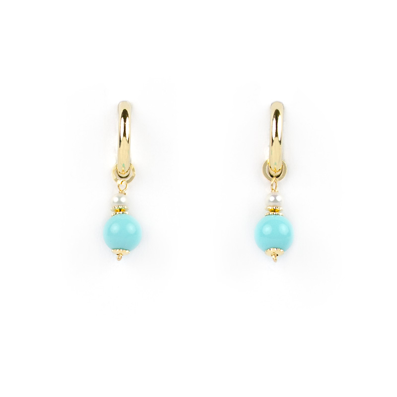 Orecchini cerchio turchese perle, orecchini cerchio oro giallo tit 750 (18 kt) con ciondolo rimovibile di turchese ricostruito e perle
