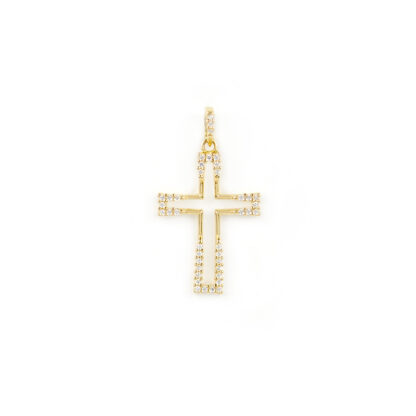 Croce donna oro giallo, ciondolo croce donna in oro giallo tit 750 (18 kt) modello croce con zirconi, di dimensione 1,60 x 2,90 cm
