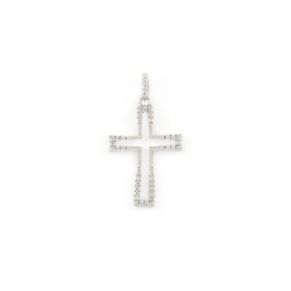 Croce donna oro bianco, ciondolo croce donna in oro bianco tit 750 (18 kt) modello croce con zirconi, di dimensione 1,60 x 3 cm