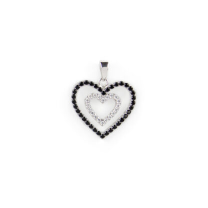 Ciondolo cuore doppio oro, pendente donna in oro bianco tit 750 (18 kt) cuore doppio, double face con zirconi neri e bianchi