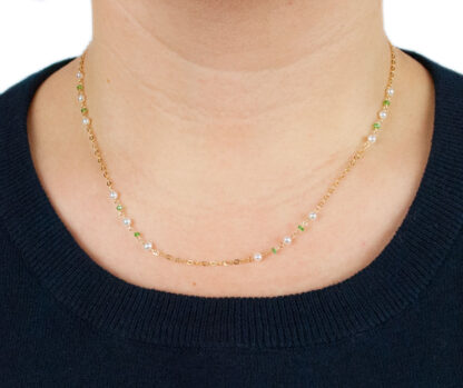 Collana pietra tsavorite perle, girocollo donna in oro giallo tit 750 (18 kt), con perle coltivate in acqua dolce e tsavorite