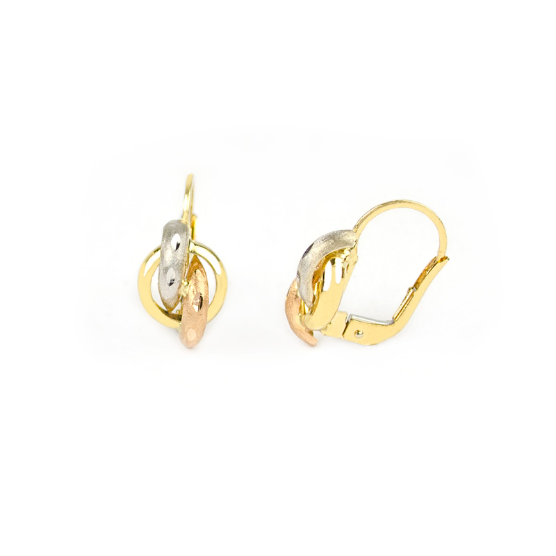 Orecchini monachella nodo in oro giallo tit 750 (18 kt), con nodo in oro giallo lucido, oro bianco e oro rosa satinato e diamantato