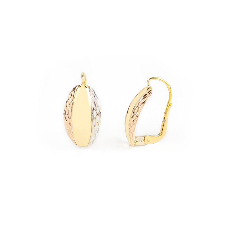 Orecchini monachella ovale in oro giallo tit 750 (18 kt), con ovale in oro giallo lucido, oro bianco e oro rosa lavorazione diamantata