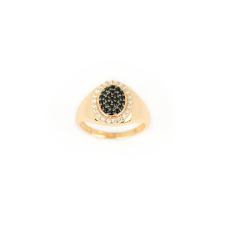 Anello mignolo chevalier ovale donna per dito mignolo in oro rosa 750, con centrale ovale di zirconi neri e cornice di zirconi bianchi