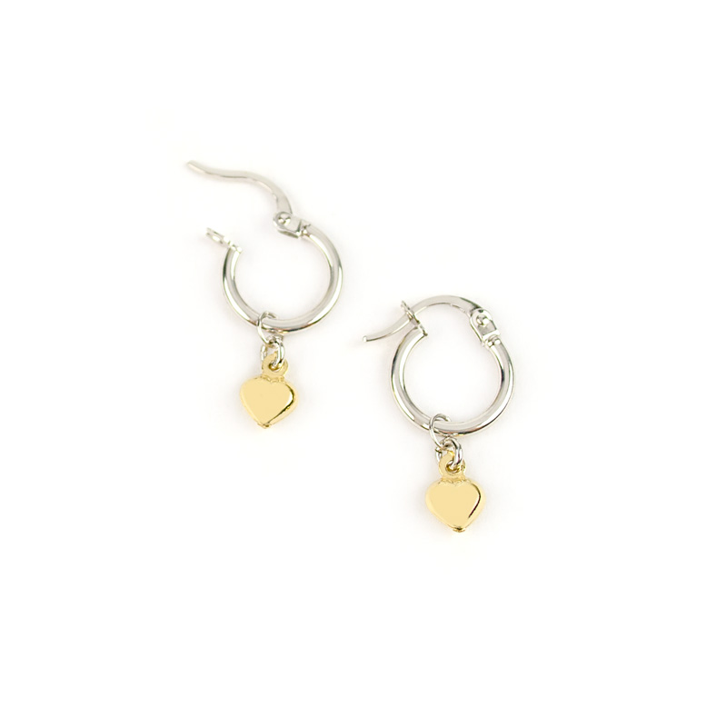 Orecchini cerchio oro bianco cuore, orecchini cerchio in oro bianco tit 750 (18 kt) con ciondolo rimovibile cuore bombato in oro giallo