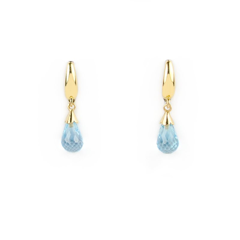 Orecchini oro topazio azzurro, orecchini monachella pendenti in oro giallo tit 750 (18 kt) con topazio azzurro a goccia e sfaccettato