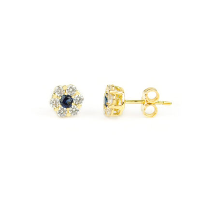 Orecchini fiore pietra blu, orecchini perno e farfallina in oro giallo tit 750 (18 kt) fiore con pietra blu e cornice di zirconi