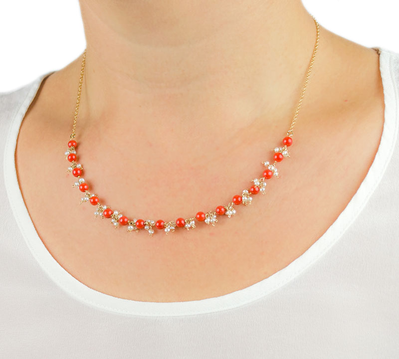 Collana oro corallo perle, girocollo donna oro giallo tit 750 (18 kt) con centrale di corallo rosso mediterraneo perle coltivate acqua dolce
