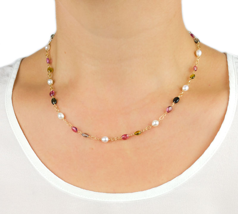 Collana tormaline perle ovali, girocollo donna in oro giallo tit 750 (18 kt) con tormaline e perle coltivate in acqua dolce