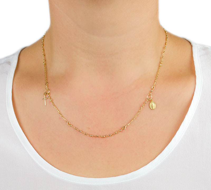 Collana rosario donna; girocollo rosario in oro giallo tit 750 (18 kt), con palline lisce misura 1,5 mm, croce 1 cm, medaglia 9 mm