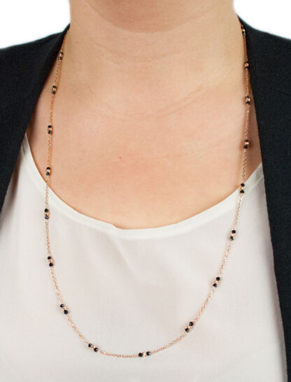 Collana lunga oro rosa, collana donna in oro rosè e bianco tit 750 (18 kt), con spinello nero alternato a palline slash in oro