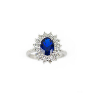 Anello pietra blu ovale in oro bianco 750, anello donna con pietra blu ovale e doppia cornice di zirconi di dimensione 12,80 x 14,10 mm